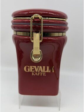Gevalia Kaffe Maroon Burgundy Red & Gold Ceramic Air Tight Coffee Jar Canister